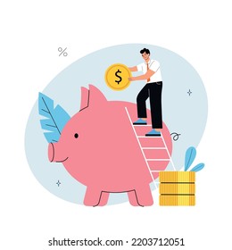 Man climbing ladder and putting coins in piggy bank. Online investment concept. Vector flat style cartoon illustration