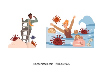 Man Climbing Ladder Searching for Horizon and Woman Drowning in Coronavirus Flood Having Financial Crisis Vector Set