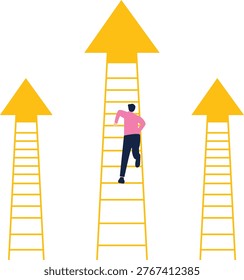 Man climbing a ladder that ends with an upward arrow, ambition, goal, direction, progress, motivation, success, determination
