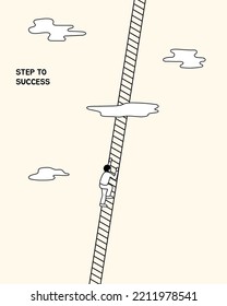 Man climbing up ladders that go high up in the sky. Challenge to climb up success ladder, Unknown journey ahead, Step to new career opportunity. Modern Flat vector illustration. Hand drawn style.