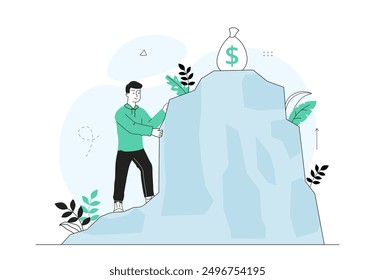 Man climbing for money. Young guy climbs up rock to bag with coins. Entrepreneur and businessman with award. Greedy person with challenge. Linear vector illustration isolated on white background