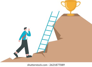 Man climbing mountain and achieving goals. trophy on the hill. leader already at top, motivate to success, award trophy, competitive. Strong businessman making effort. Vector flat design.


