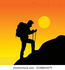 a man is climbing a mountain alone with a view of the sunset, mountain sticker