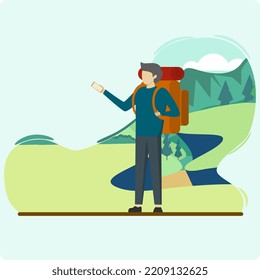Man climbing mountain, carrying heavy backpack. Physical activity in the mountains, rock climbing. camping activities. activity in nature.