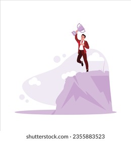 Man climbing a mountain holding a trophy. Self-improvement, success and life purpose concept. Trend Modern vector flat illustration