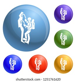 Man climbing mountain icons set vector 6 color isolated on white background