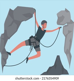 Man climbing up the mountain illustration. Silhouette of a climber on a vertical wall. Athletic man rock climbing at sunset. outdoors rock climbing and active lifestyle concept