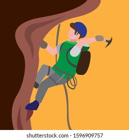 man climbing mountain, outdoor activity extreme sport with sunset yellow background in flat illutration vector 