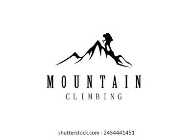 A man is climbing a mountain peak carrying a backpack and sticks, logo design illustration