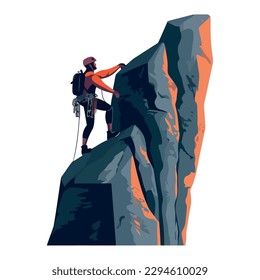 Man climbing mountain peak high up icon isolated