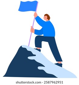 man climbing a mountain peak, holding a flag and celebrating success flat vector illustration