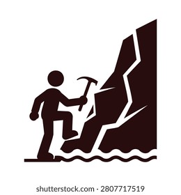 Man climbing mountain with pickaxe in hand on rocky terrain