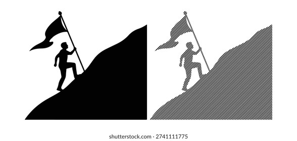 Man climbing mountain planting flag success achievement goal reaching victory