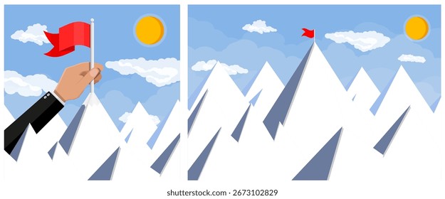 Homem escalando montanha para colocar bandeira vermelha. Alcance da meta, sucesso, meta de negócios. Ilustração de coleção de conjunto de vetor de estoque de estilo plano.