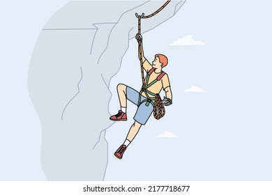 Man climbing mountain with special equipment. Male climber hanging on cliff. Mountaineer and extreme sport concept. Vector illustration. 