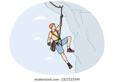 Man climbing mountain with special equipment. Male climber hanging on cliff. Mountaineer and extreme sport concept. Vector illustration.