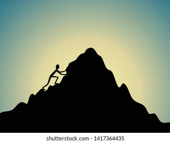 man climbing mountain, sunrise or sunset 