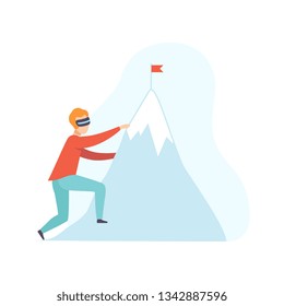 Man climbing a mountain wearing virtual reality digital glasses, guy using optical device for real visualisation and simulation vector Illustration on a white background