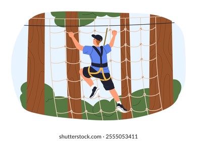 Man climbing net in outdoor rope park, active adventure activity in nature. Suspended obstacle course, physical challenge and fun in forest. Flat vector illustration isolated on white background