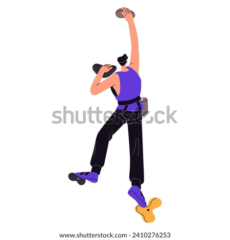 Man climbing on bouldering wall. Climber grips up on artificial mountain. Guy with belaying, safety equipment training to upward to top of rock. Flat isolated vector illustration on white background