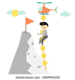 Man climbing on coin rope from helicopter trying to catch a flag which is his goal. doing for goal concept