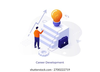 Man climbing on isometric stair to lightbulb, concept of career development, professional growth, and personal improvement. Isometric vector illustration.