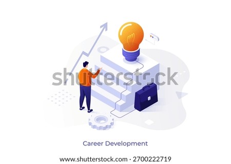 Man climbing on isometric stair to lightbulb, concept of career development, professional growth, and personal improvement. Isometric vector illustration.