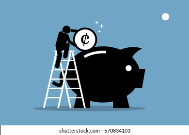 Man climbing up on a ladder and putting money into a big piggy bank. Vector artwork depicts money saving, investment, and wealth management.
