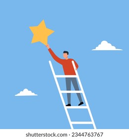 Man climbing on ladder to sky and catching star in flat design. Achieve goal and career success.