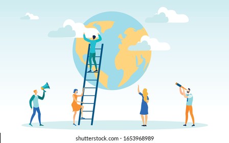 Man Climbing on Ladder, Taking Clouds away from World Globe Flat Cartoon Vector Illustration. Getting to Top, Having Ambition, Successfully Reaching Goal, Motivation, Achievement, Career Growth.