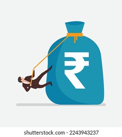 Man climbing on money bag through a rope. 