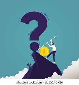 Hombre trepando en una montaña cubierta de nubes. Marca de preguntas encima con signo de dólar.