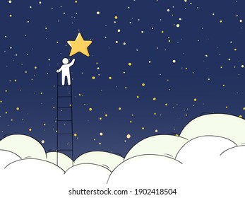 Man climbing on stairs. Doodle cute miniature about creativity and imagination. Hand drawn vector illustration for business design .