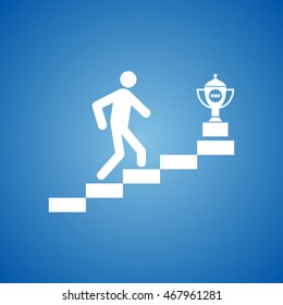 Man Climbing on Stairs for Trophy Icon on blue color.