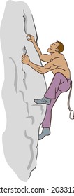 Man climbing on a stone wall, rock climbing,simple isolated vector illustration