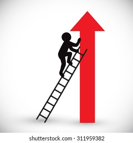 Man climbing up red arrow. Vector isolated on white background. Concept of business rise or scheme. 