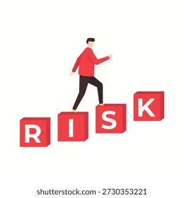 Mann klettert auf "RISK"-Blöcke, eine Metapher für die Bewältigung von Herausforderungen und die Bewältigung von Geschäftsrisiken