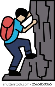 A man is climbing a rock with a backpack on. Concept of adventure and determination