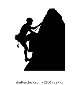 Man climbing a rock face with climbing gear and ropes on white background