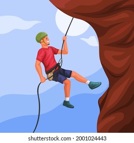 Man Climbing rock mountain with rope. extreme sport illustration vector