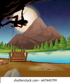 Man climbing rock on fullmoon night illustration