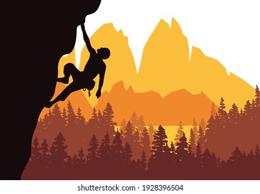 Man climbing rock overhang. Mountains and forest in the background. Silhouette of climber with brown, orange and yellow background. Illustration.