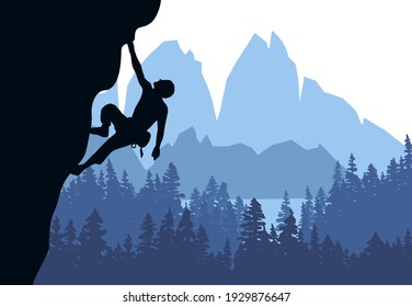 Man climbing rock overhang. Mountains and forest in the background. Silhouette of climber with brown, orange and yellow background. Illustration.