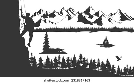 Man climbing rock overhang. Mountains and forest in the background. Silhouette of climber with black and white background. Illustration. 3D Illustration