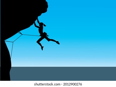 Man climbing rock overhang Silhouette illustration vector design editable,  sky and sun light background. Business, success, leadership, achievement and people concept. Vector illustration.