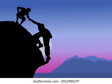 Man climbing rock overhang Silhouette illustration vector design editable,  sky and sun light background. Business, success, leadership, achievement and people concept. Vector illustration.