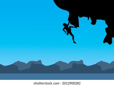 Man climbing rock overhang Silhouette illustration vector design editable,  sky and sun light background. Business, success, leadership, achievement and people concept. Vector illustration.