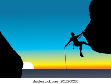Man climbing rock overhang Silhouette illustration vector design editable,  sky and sun light background. Business, success, leadership, achievement and people concept. Vector illustration.
