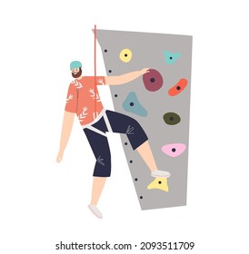 Man climbing rock or wall in gym or adventure park. Male climber hanging wearing protective helmet and ropes. Extreme sport and active entertainment concept. Cartoon flat vector illustration