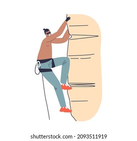 Man climbing rock, wall or mountain cliff. Male climber athlete hang on ropes climbing. Extreme sport and outdoor activity concept. Cartoon flat vector illustration